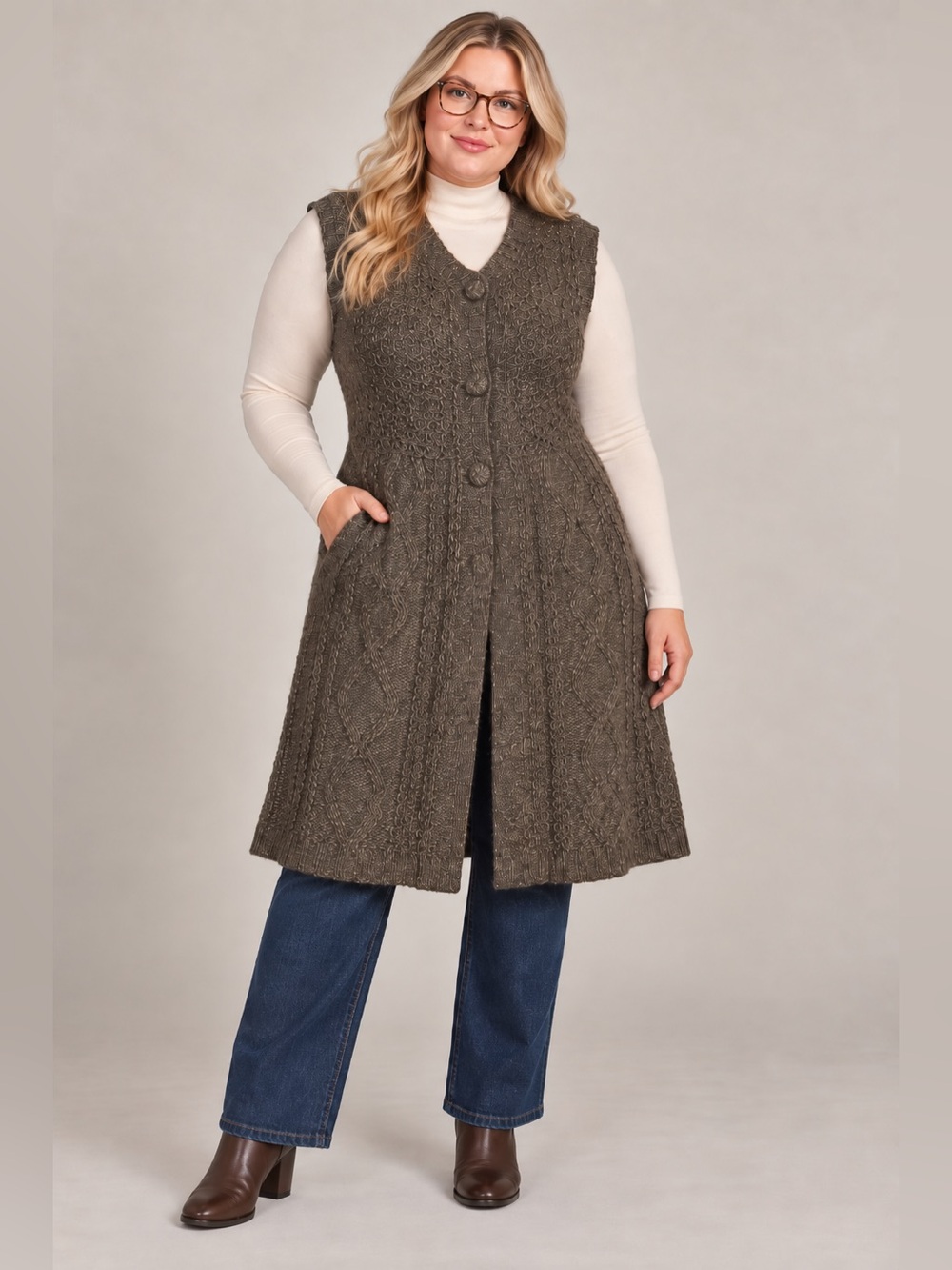 It’s Our Time Women’s XL Brown Cable Knit Long Sweater Vest Cardigan Duster